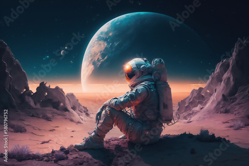 Astronaut sitting on alien planet. Pioneer on another planet. Generative AI.