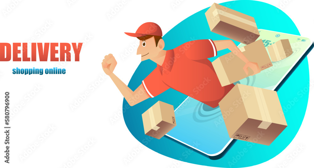 delivery man with parcel post box on mobile for shopping online,fast shipping online concept delivery man with parcel post box on mobile for shopping online,fast shipping online concept