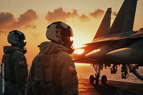 Military pilots near jet fighter at sunset. Military aviation. Created with Generative AI photo