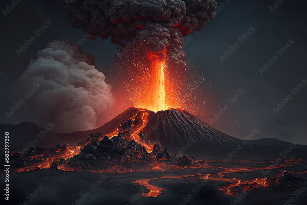 ภาพประกอบสต็อก Volcanic eruption with flowing lava and ash emission ...