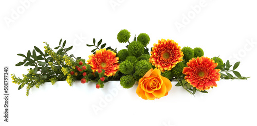 Border of Gerberas, Rose and Green Chrysanthemum isolated on white background. Arrangement of orange flowers and leaves.