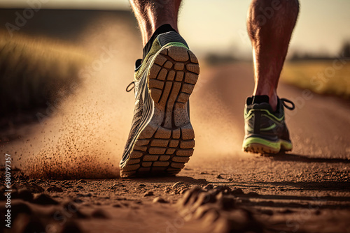 Back view of runner wearing spart shoes jogging on dirty road. Close up shot of runner legs. Created with Generative AI