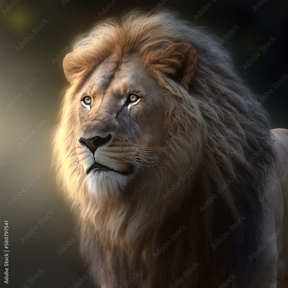 beautiful lion with big mane staring at a point