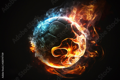 Soccer ball on fire. Very fast ball in action. Speed       of light. Extreme sport. Team sport. competitive game. Soccer equipment. Soccer players. Competitive sport. Goal. Soccer arc. Generative ai.