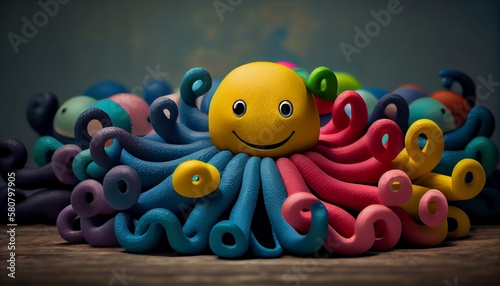 Children's toy, A plasticine octopus with eight wavy tentacles and a smiling face Generative AI photo