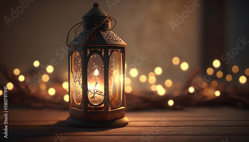 Christmas Lantern Glowing On Wooden Table With Decoration And String Lights - Bokeh And Glittering Effect On Background