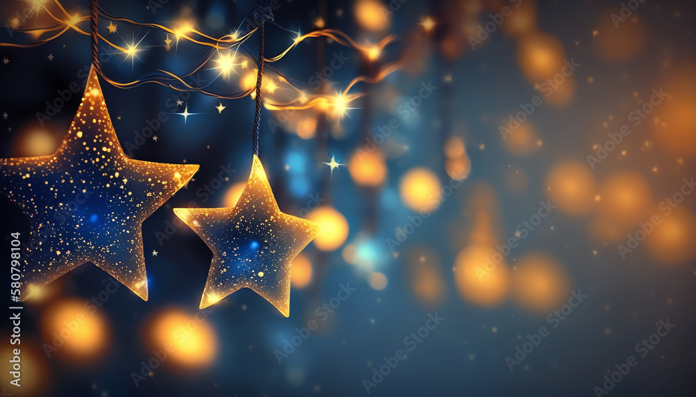 Christmas Stars Lights - Golden String Hanging In Blue Background With Abstract Defocused Bokeh Christmas Stars Lights - Golden String Hanging In Blue Background With Abstract Defocused Bokeh