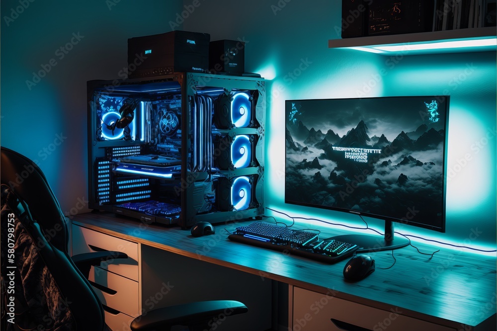 Naklejka premium Gaming Setup with RGB Computer Case and Wide Angle Display