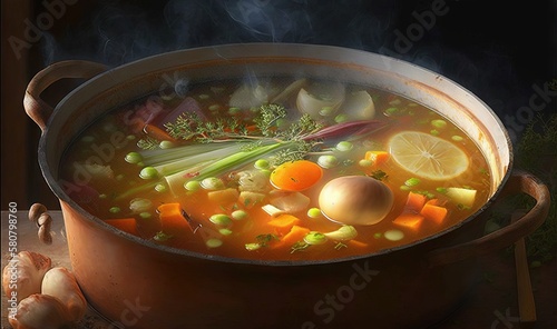  a pot of soup with carrots, celery, onions, onions, and broth. generative ai