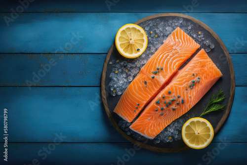 Fresh raw salmon, slice of lemon and spices on blue wooden table. 