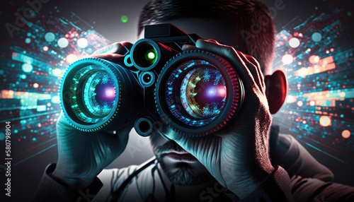 Man spying with high tech night vision binoculars. Sci-fi espionage.