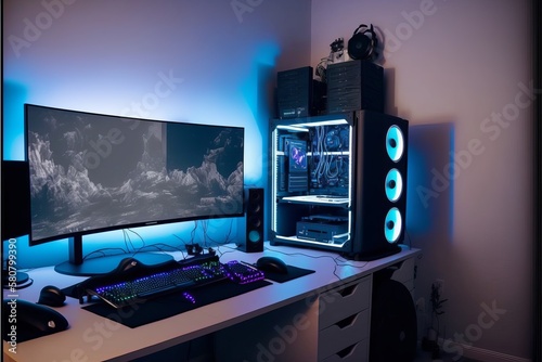 Gaming Setup with RGB Computer Case and Wide Angle Display
