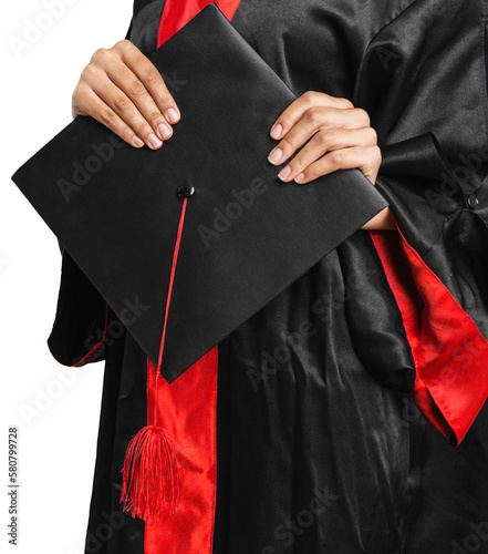 Happy graduate student hold graduation hat