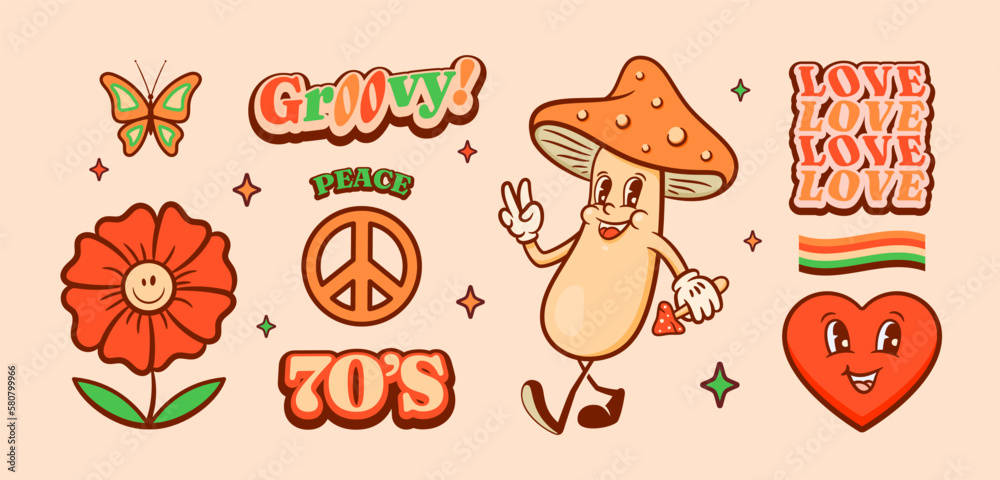 Groovy trippy retro cartoon set. Happy fly agaric mushroom, heart, flower and butterfly with 70s style lettering quotes for peace and love. Vector characters in trendy vintage comic style Isolated Groovy trippy retro cartoon set. Happy fly agaric mushroom, heart, flower and butterfly with 70s style lettering quotes for peace and love. Vector characters in trendy vintage comic style Isolated
