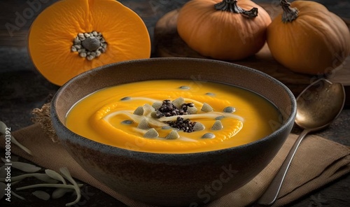  a bowl of soup with a spoon and two pumpkins.  generative ai