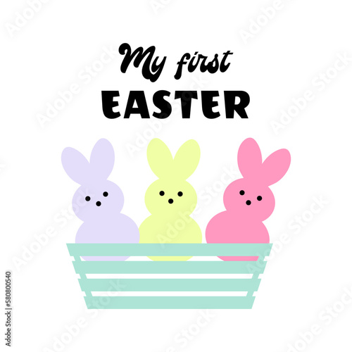 My first Easter, cute bunnies in a flowerpot. Pastel colors, flat design. Holiday symbols for children. Vector