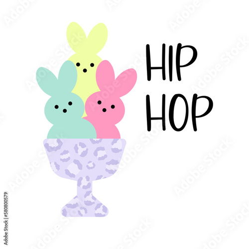 Three cute bunnies with the inscription Hip Hop. Pastel colors, flat design. Holiday symbols for children. Vector