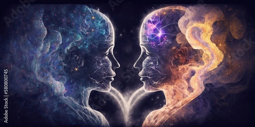 Man and woman silhouettes at abstract cosmic background. Human souls couple in love. Astral body, esoteric and spiritual life concept. Created with generative Ai