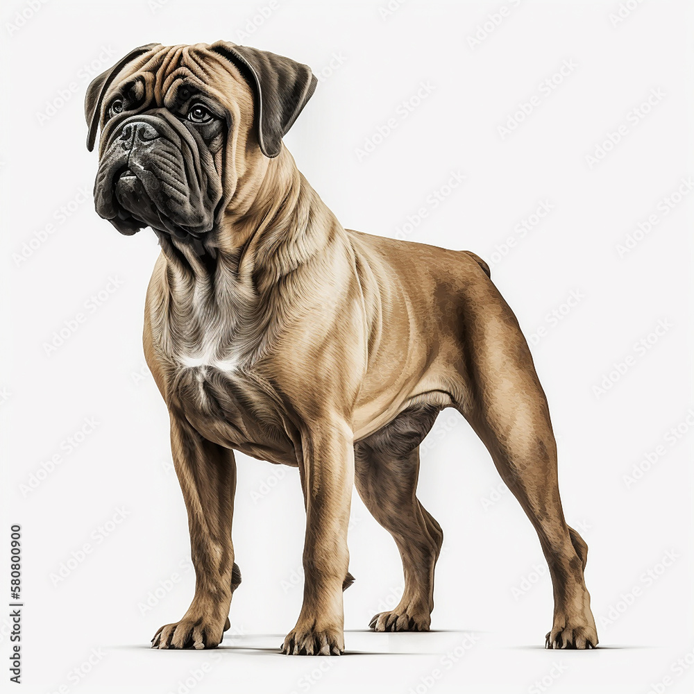Giant dog breed bullmastiff portrait isolated on white close-up, lovely home pet