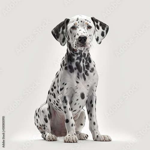 Beautiful dog breed dalmatian sitting isolated on white close-up, lovely home pet, ai generative © Dmitry