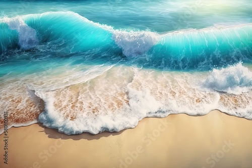 Azure wave with white splashes on sand beach seaside background