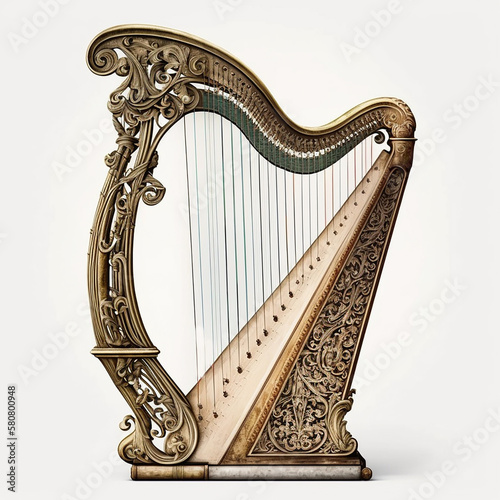 Beautiful vintage patterned harp, retro musical instrument, isolated on white close-up, ai generative