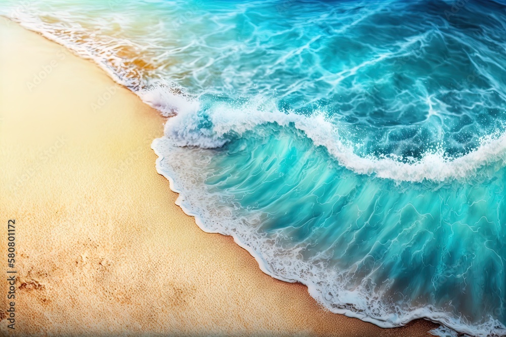 Azure wave with white splashes on sand beach seaside background