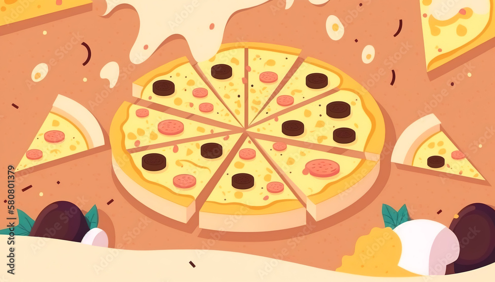 Appetizing cartoon pizza with salami, generative AI. Appetizing cartoon pizza with salami, generative AI.