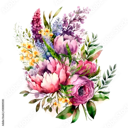 Watercolor floral bouquet spring flowers. Botanical illustration. Generative AI