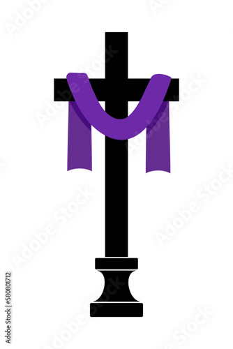 Christian cross with purple fabric icon. Holy Week symbol. Flat vector illustration