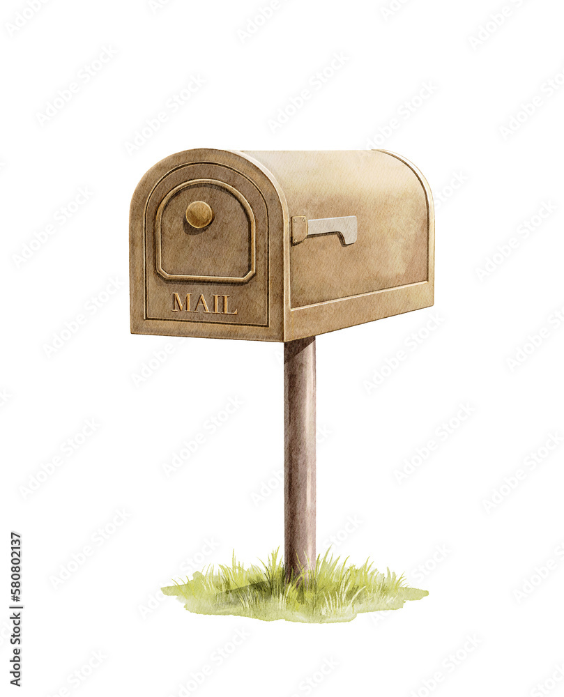 Vintage outdoor bronze mailbox isolated on grass white background. Watercolor hand drawn illustration sketch