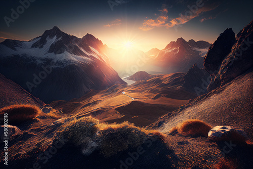 Scenic sunrise in the high mountains of the alpes generative ai © Tohamina