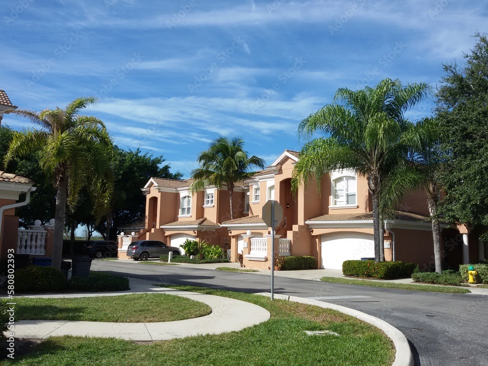 Fototapeta premium Beautiful home of classical American architecture in Florida, surrounded by palm trees and greenery on a bright sunny day