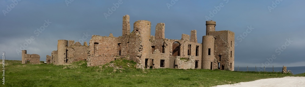 View of Slains Castle from the north sea coastal trail - Aberdeenshire - Scotland - UK View of Slains Castle from the north sea coastal trail - Aberdeenshire - Scotland - UK