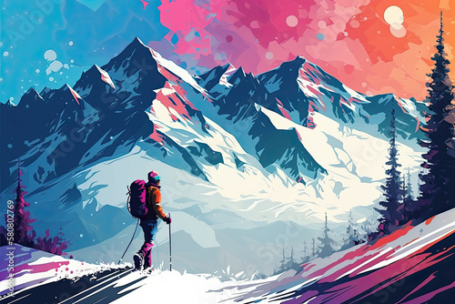 Cartoon backpacker winter hiking at mountain landscape panorama. Travel expedition and mountaineering sport. Generative AI
