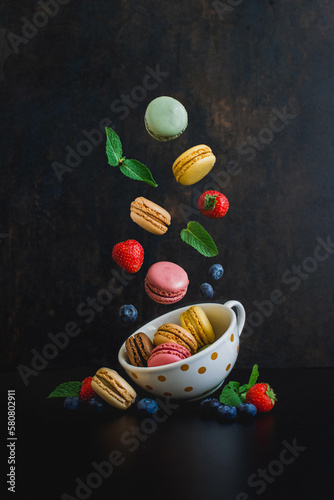 Colorful flying macrons photo