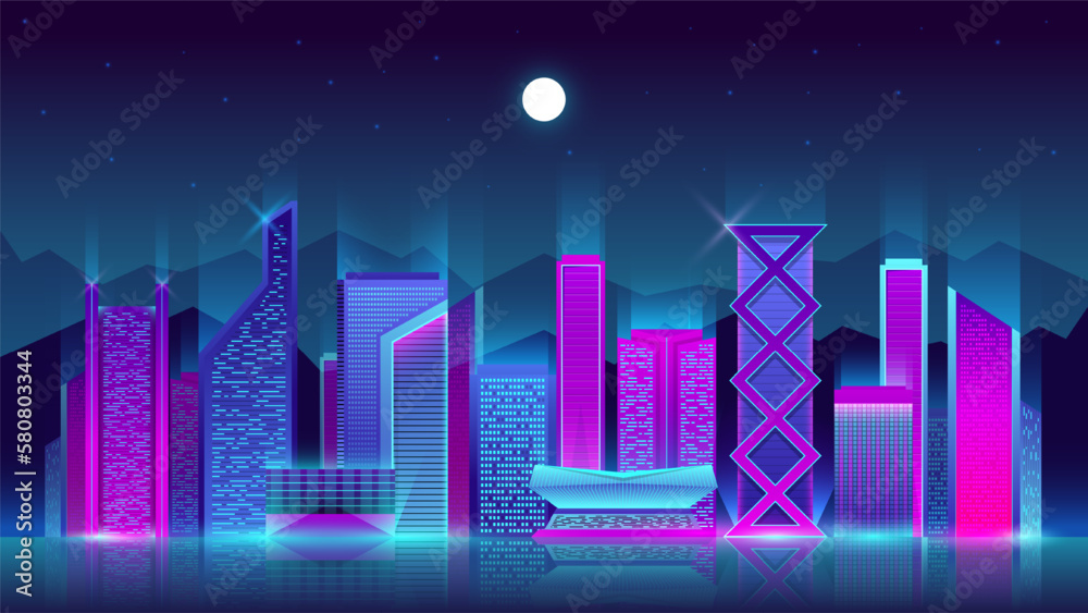 Fototapeta premium Vector colorful illustration of a night neon city on a moonlight background