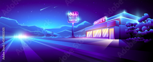 Vector illustration of night roadside cafe with neon signs.