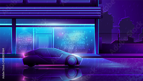Futuristic car drives through the night city on cafe background. Neon rainy street illustration.