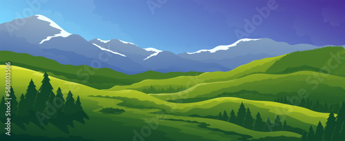 Beautiful high hills on mountains widescreen background. Spring horizontal nature landscape.