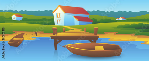Boats stand near the pier on suburban houses background.