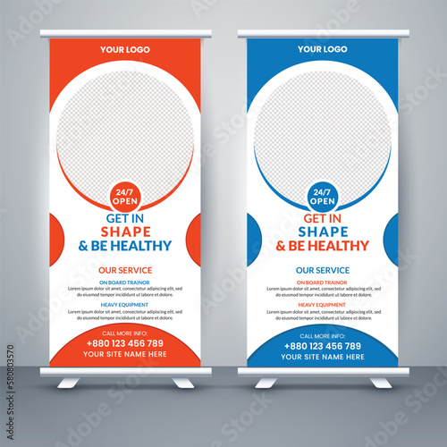 Modern creative gym and fitness of roll-up banner with hexagonal Standee Design Template. Banner Template design. Gym Banner Template for web advertisement. Vector illustration.