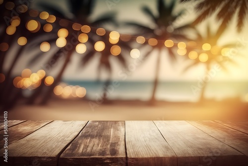 Wooden table mockup with blurred palms background