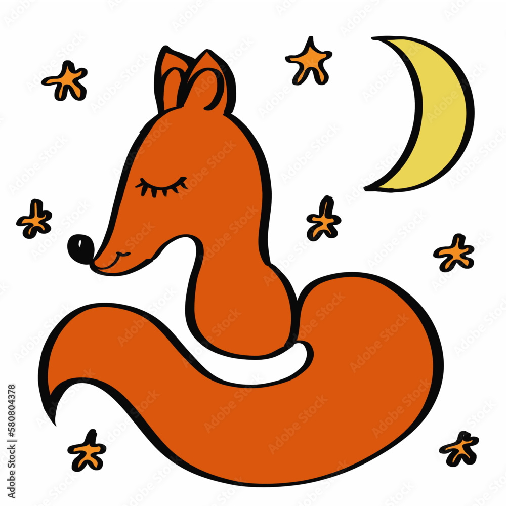 Naklejka premium fox sleeps linear drawing wild red animal lives in the forest sleeps in a hole