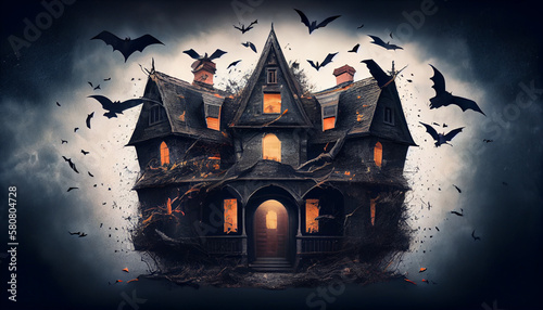 A haunted house with creaky shutters and bats flying around it generated by AI photo