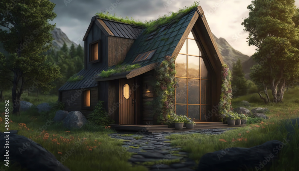 Eco House In Green Environment - Wooden Home Friendly On Grass Eco House In Green Environment - Wooden Home Friendly On Grass
