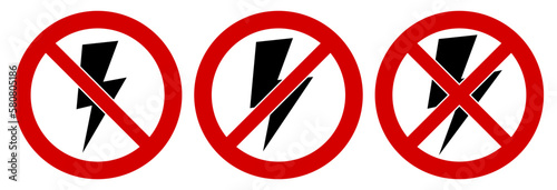 Lightning icon in red crossed circle, doublecrossed sign as well, can be used as no flash photography notice