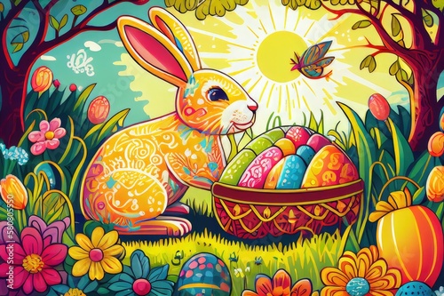 Easter Bunny Rabbit Basket Decorated Colorful Easter Eggs Egg Illustrated Illustration Vector Art Sun Flowers Trees Morning Background Image