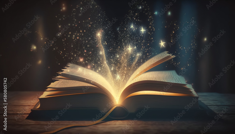 Magic Book With Open Antique Pages And Abstract Bokeh Lights Glowing In Dark Background - Literature And Education Concept Magic Book With Open Antique Pages And Abstract Bokeh Lights Glowing In Dark Background - Literature And Education Concept
