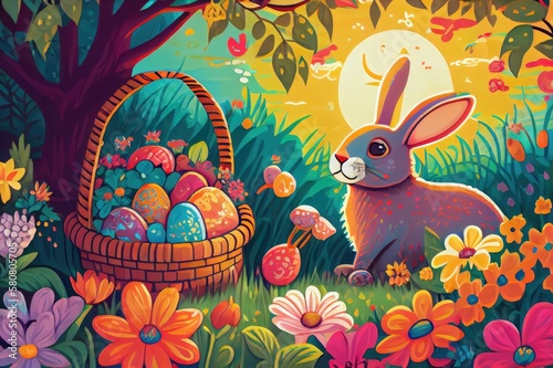 Easter Bunny Rabbit Basket Decorated Colorful Easter Eggs Egg Illustrated Illustration Vector Art Sun Flowers Trees Morning Background Image 